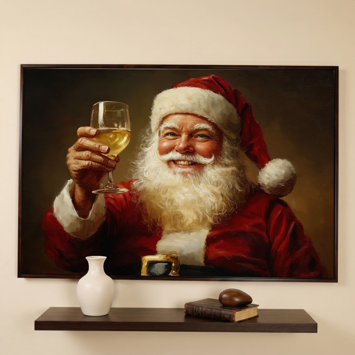 Santa with Wine Canvas Print in dark walnut floating frame