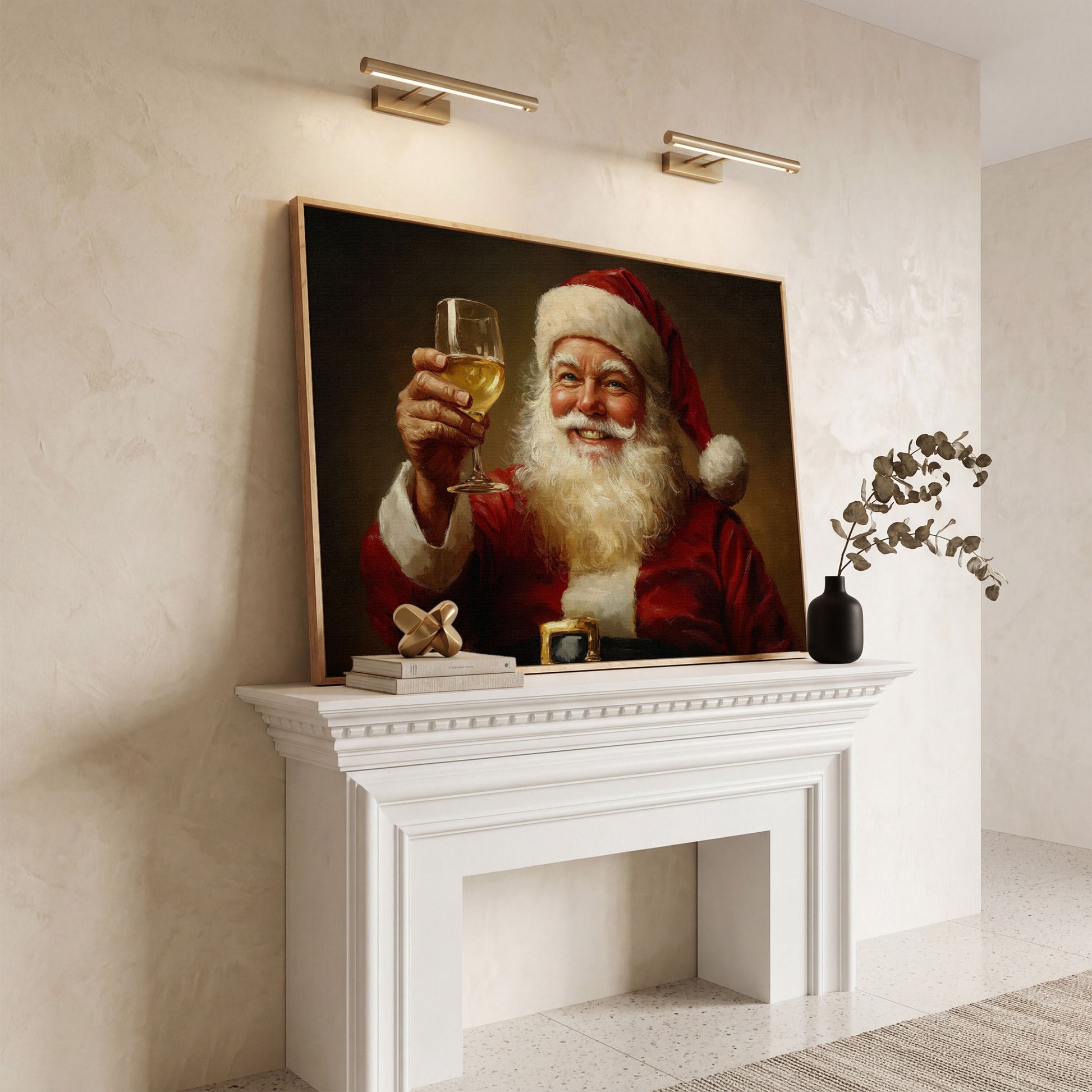 Santa with Wine Canvas Print in white oak floating frame