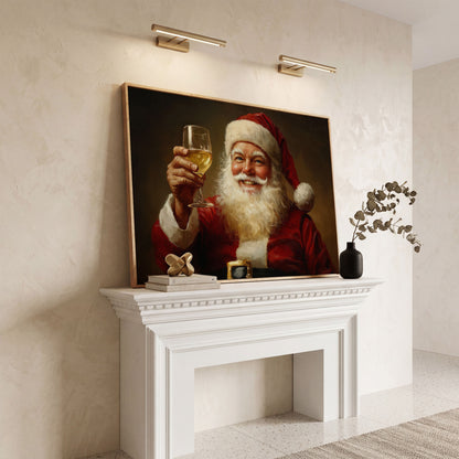Santa with Wine Canvas Print in white oak floating frame