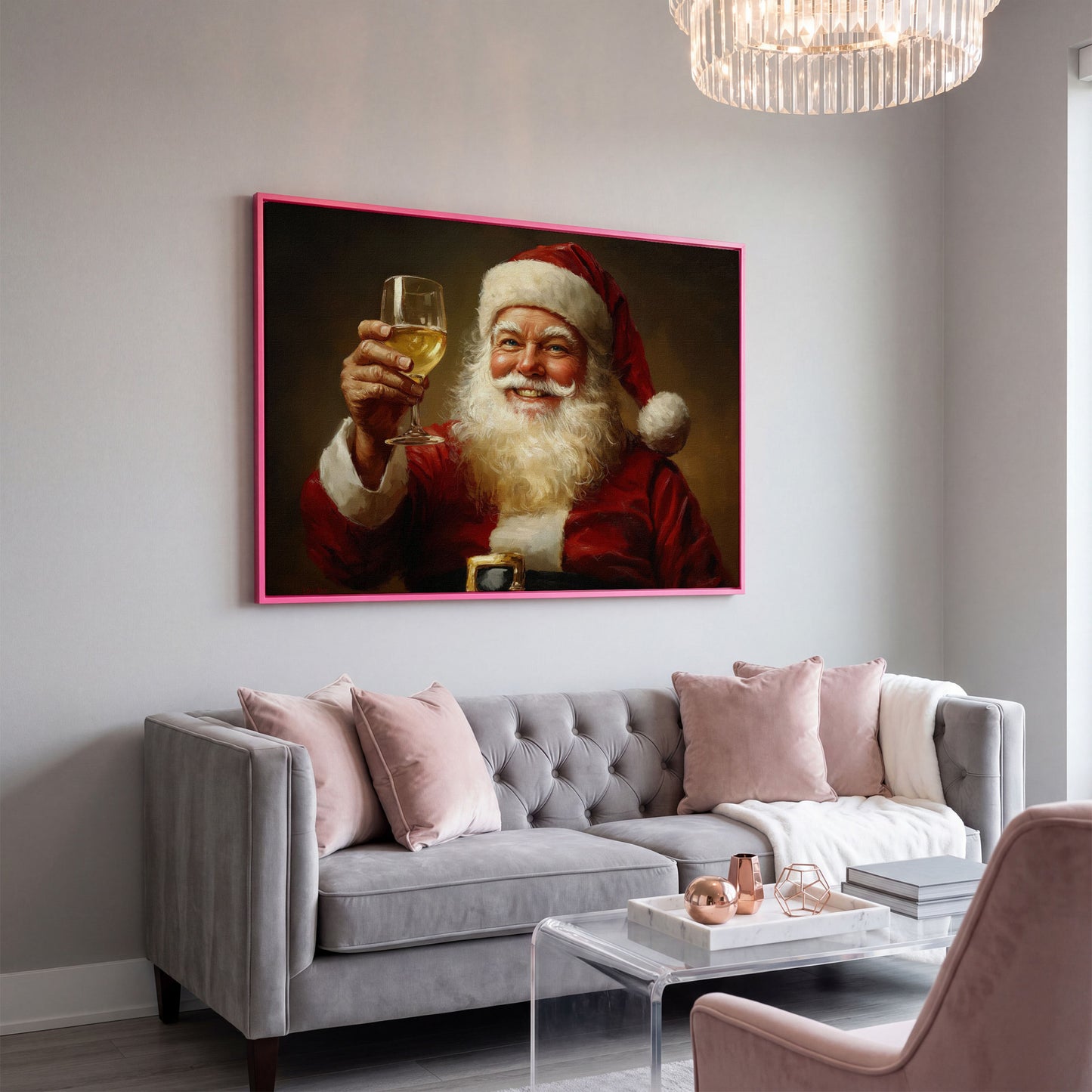 Santa with Wine Canvas Print in pink floating frame