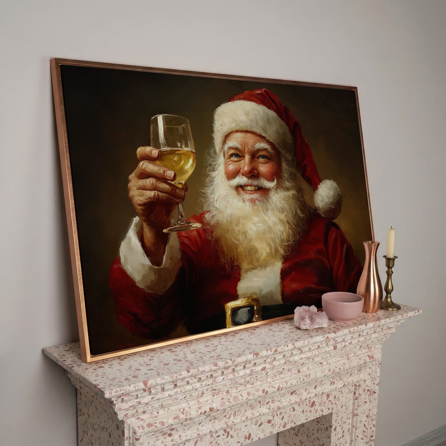 Santa with Wine Canvas Print in rose gold floating frame