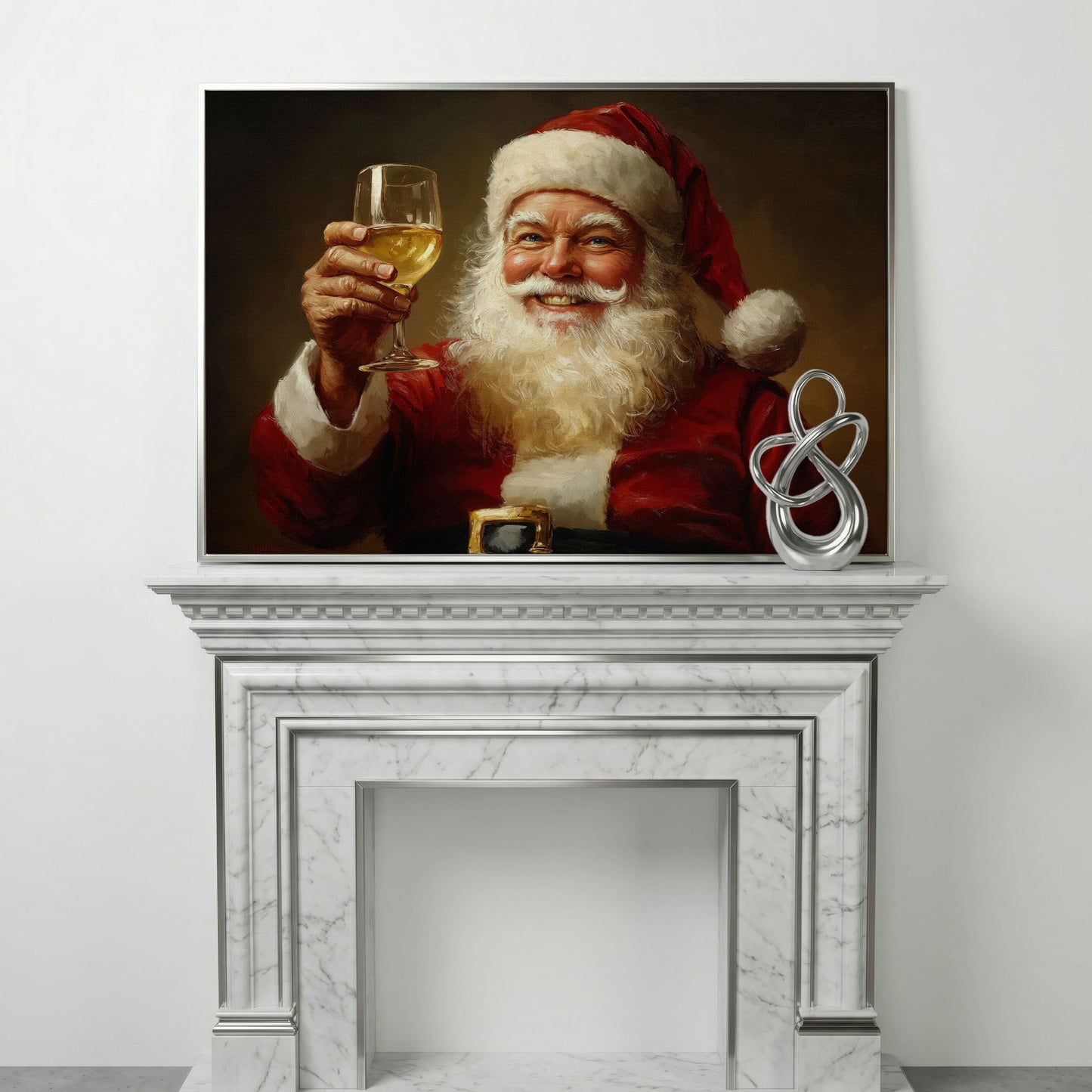 Santa with Wine Canvas Print in silver floating frame