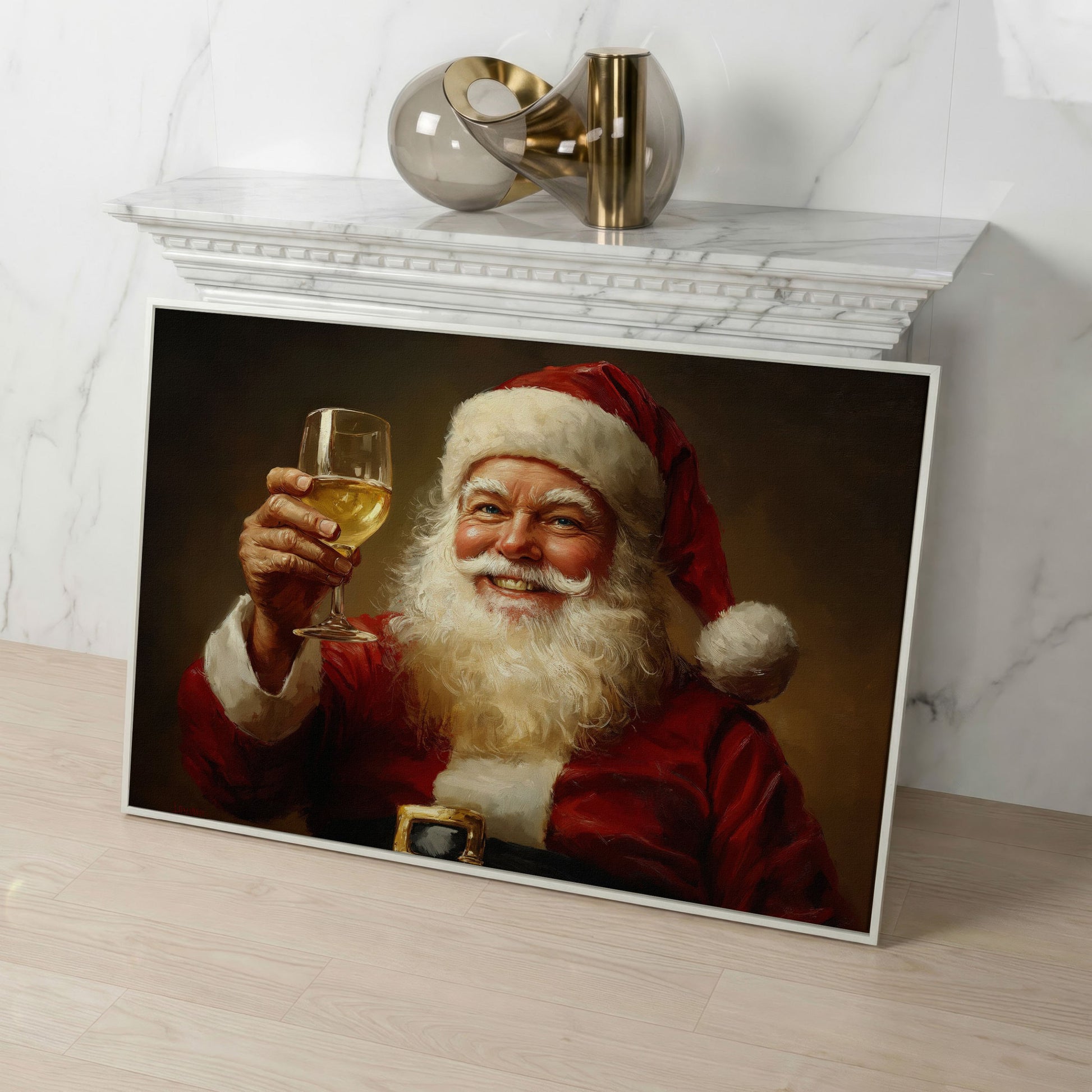 Santa with Wine Canvas Print in white floating frame