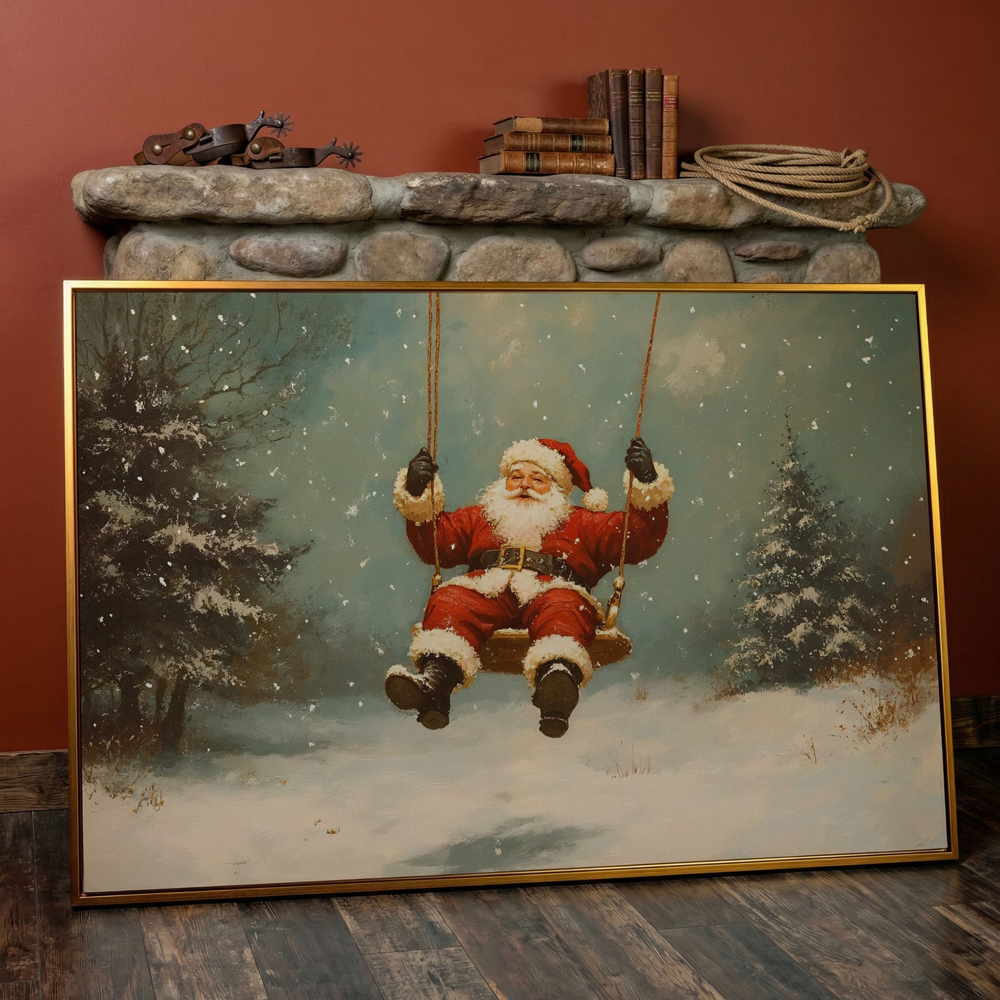 Santa on a Swing Canvas Print in antique gold floating frame