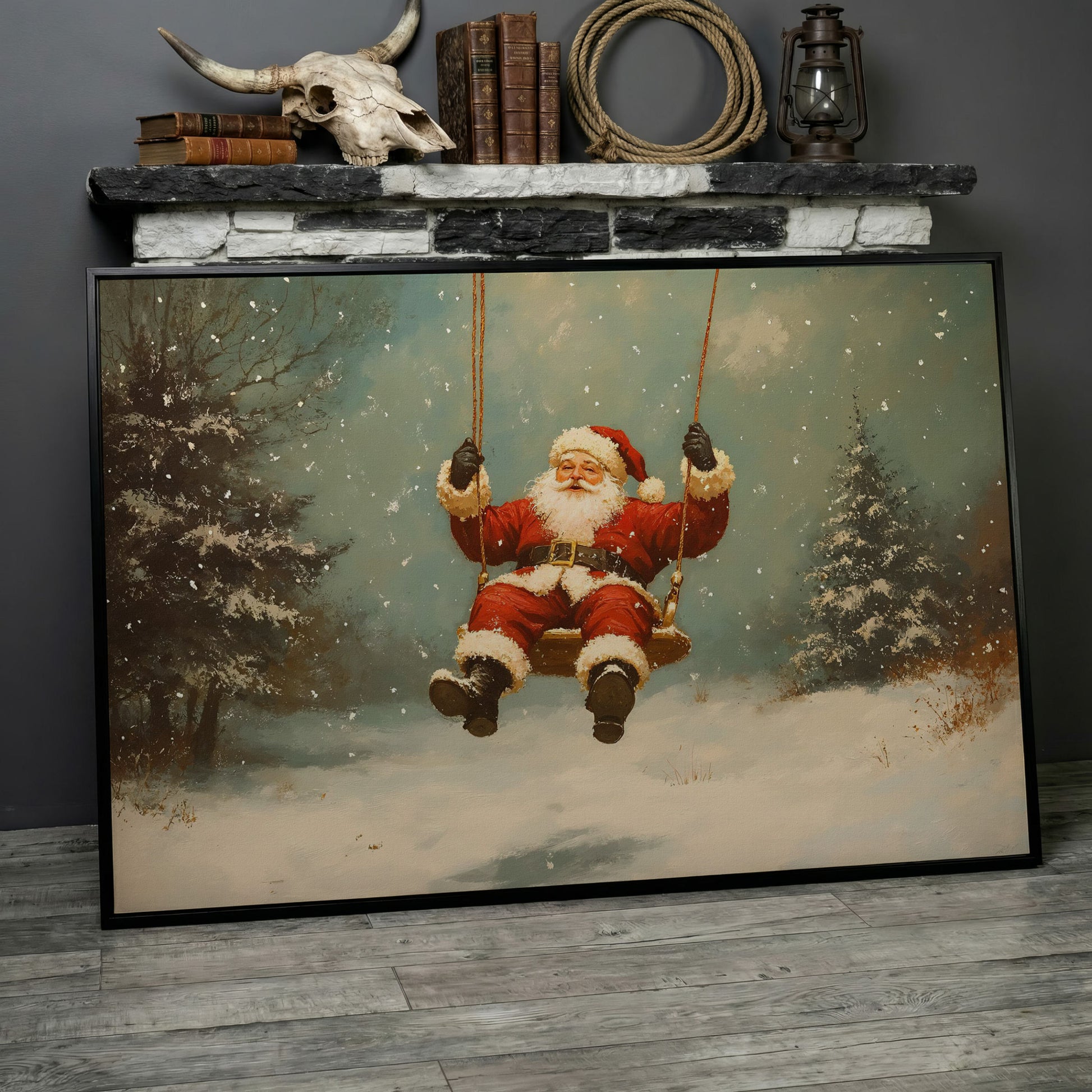 Santa on a Swing Canvas Print in black floating frame