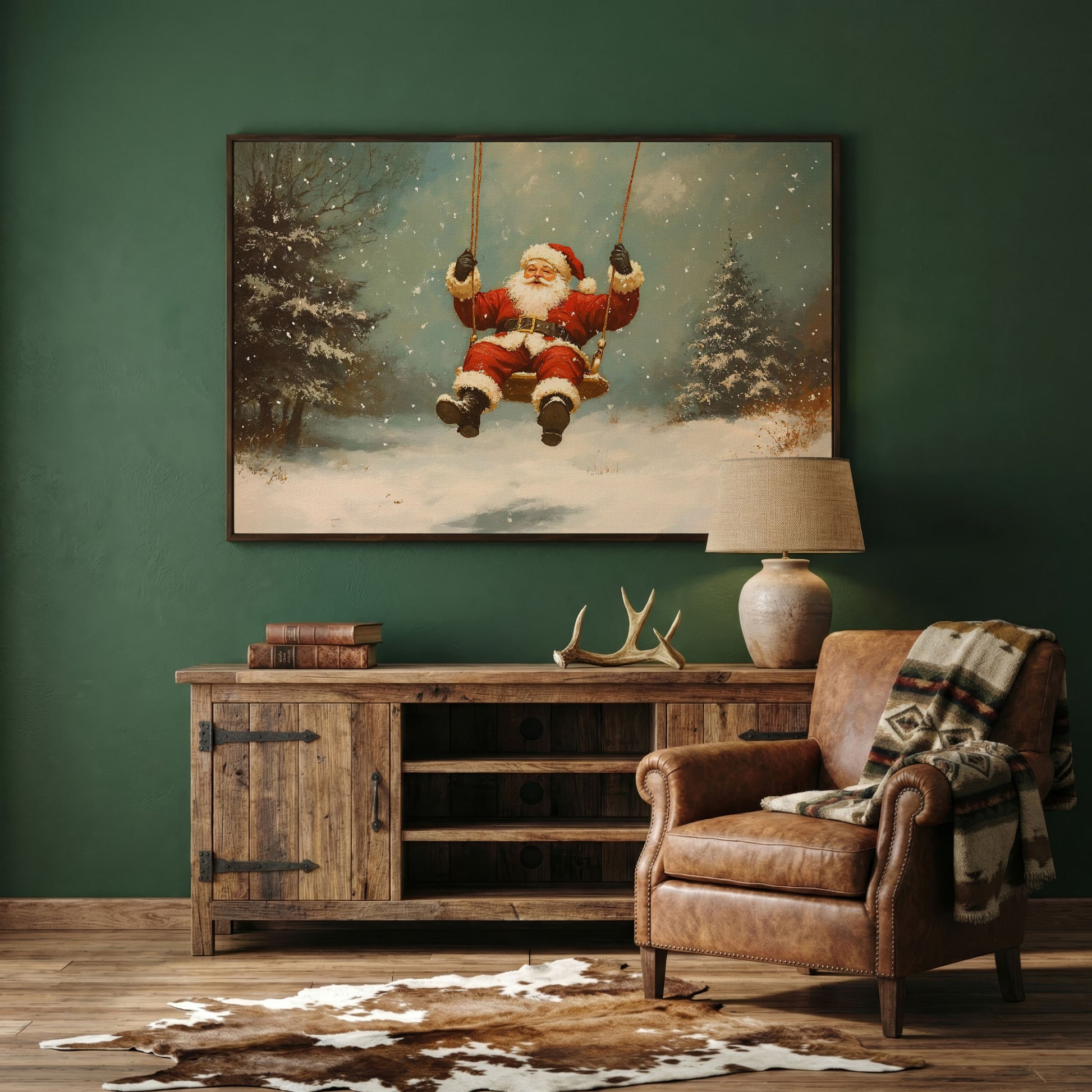 Santa on a Swing Canvas Print in dark walnut floating frame