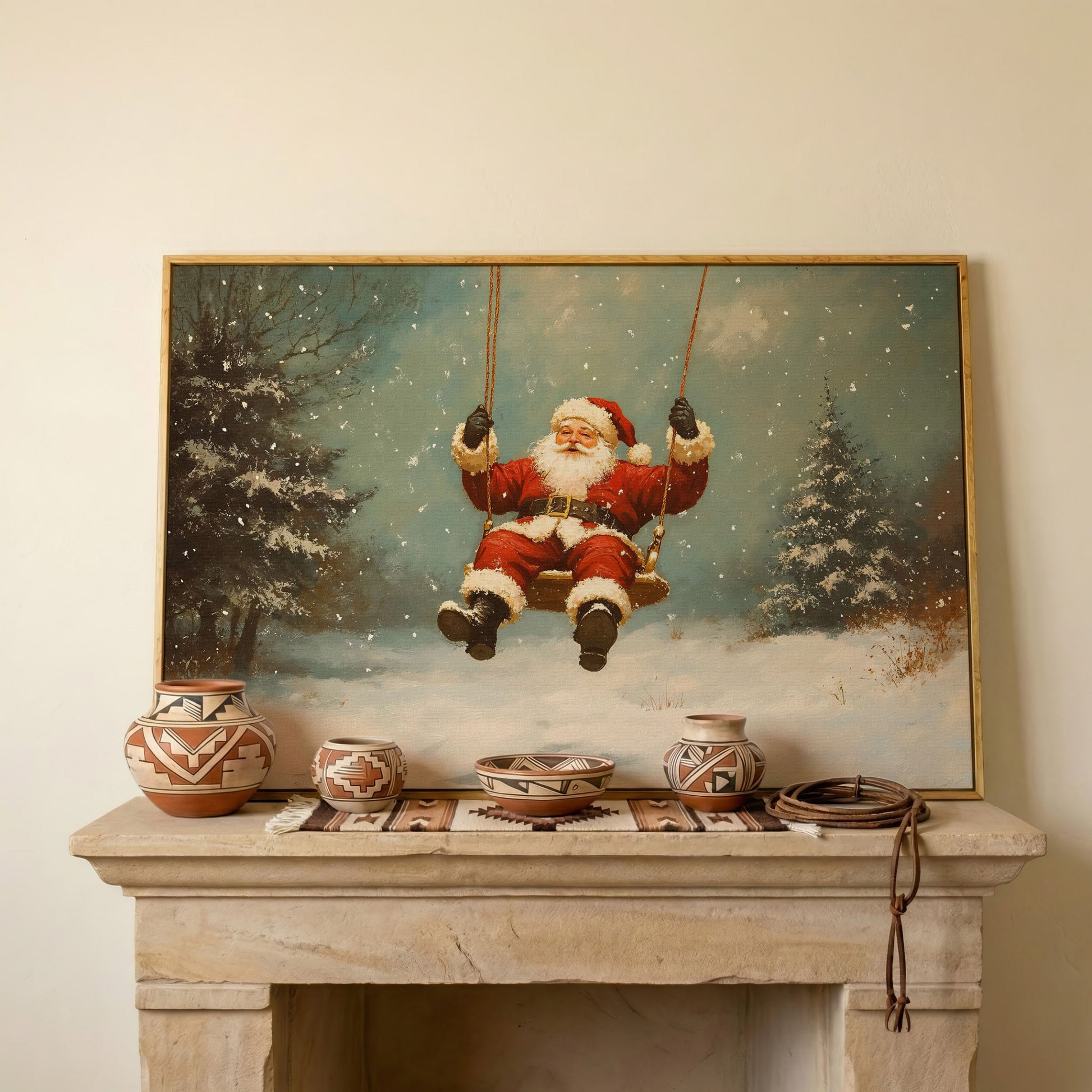 Santa on a Swing Canvas Print in white oak floating frame