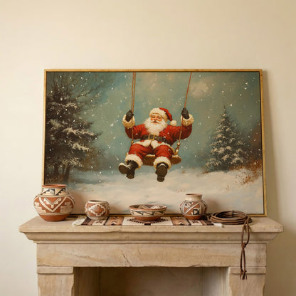 Santa on a Swing Canvas Print in white oak floating frame