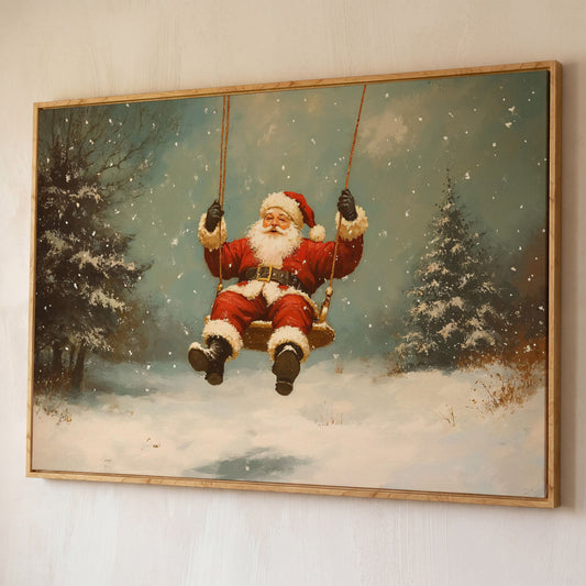 Santa on a Swing Canvas Print shown in white oak floating frame