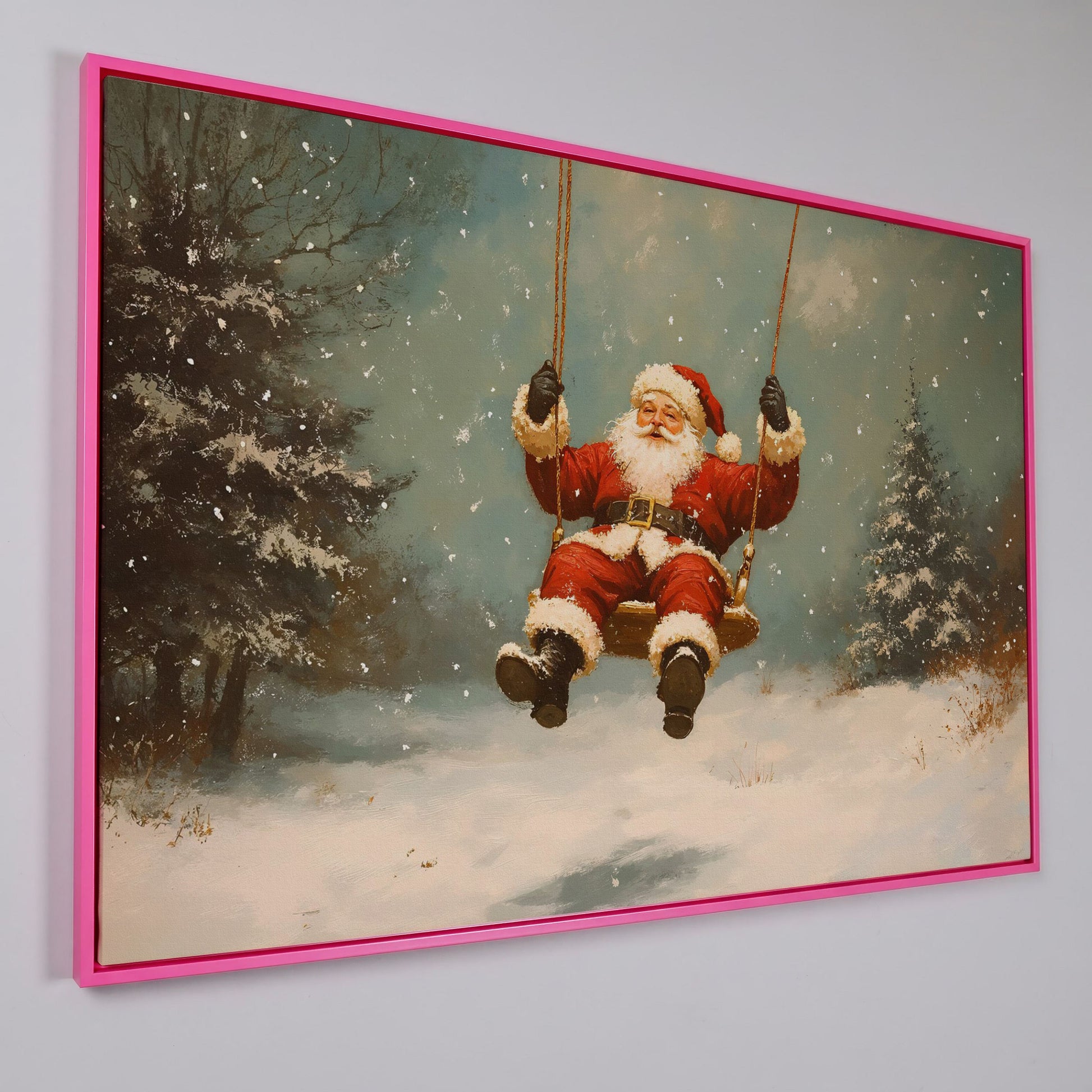 Santa on a Swing Canvas Print in pink floating frame