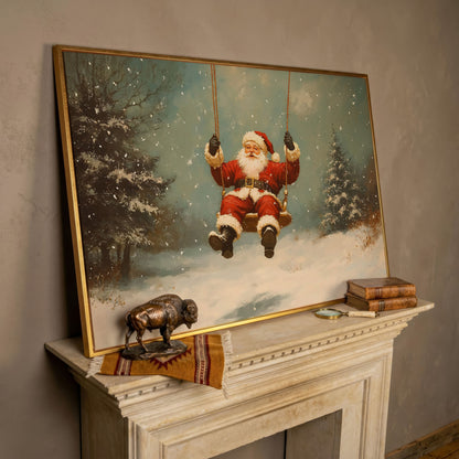 Santa on a Swing Canvas Print in rose gold floating frame