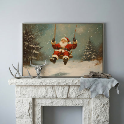 Santa on a Swing Canvas Print in silver floating frame