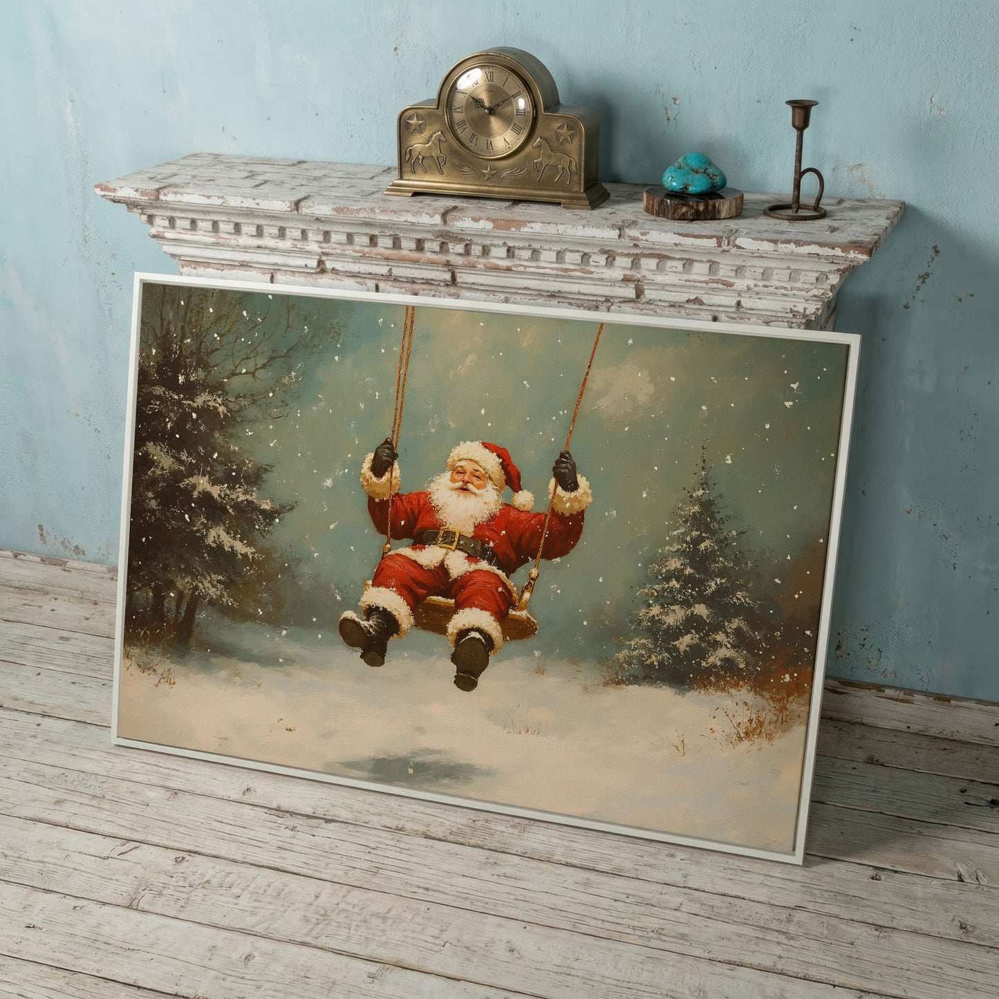 Santa on a Swing Canvas Print in white floating frame