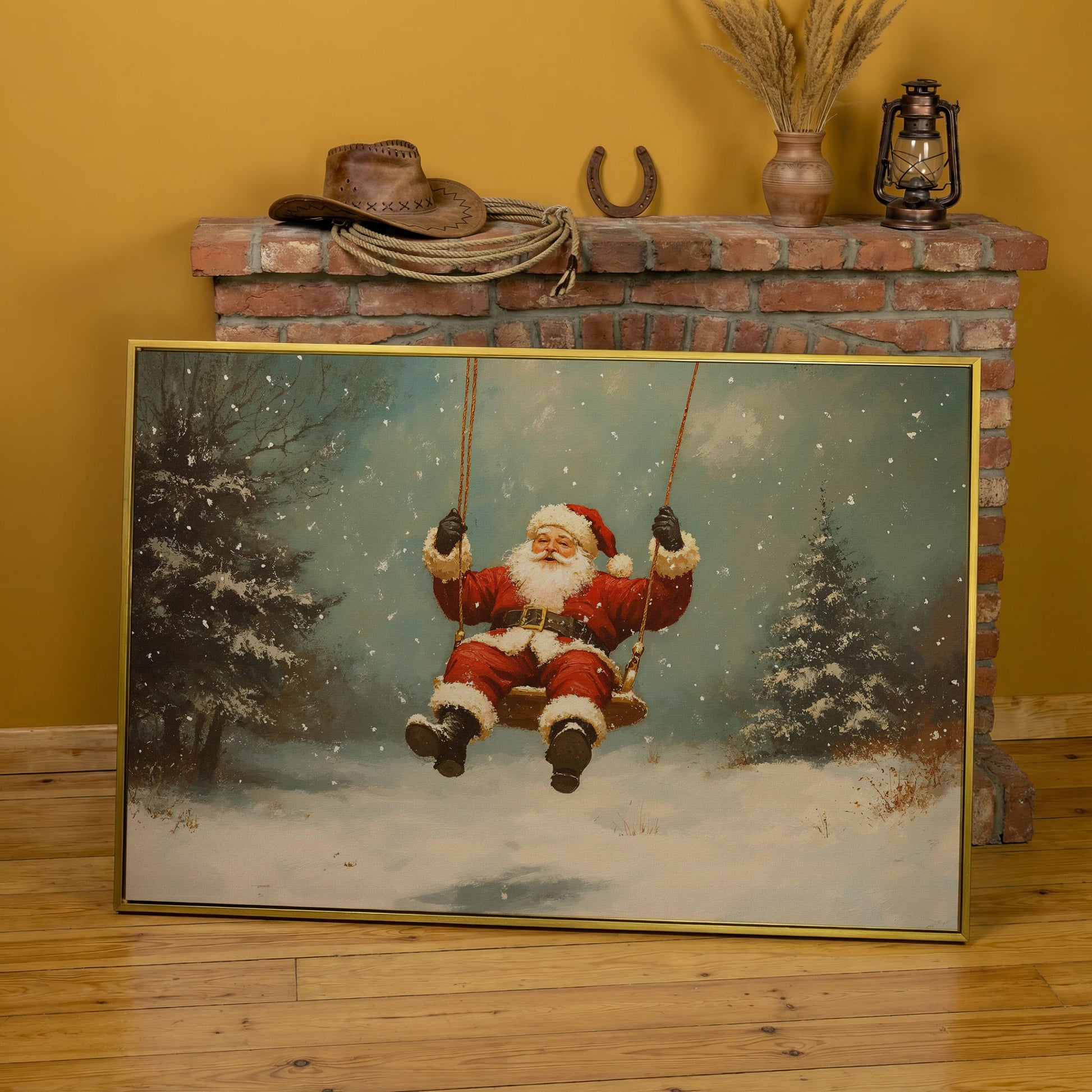 Santa on a Swing Canvas Print in yellow gold floating frame