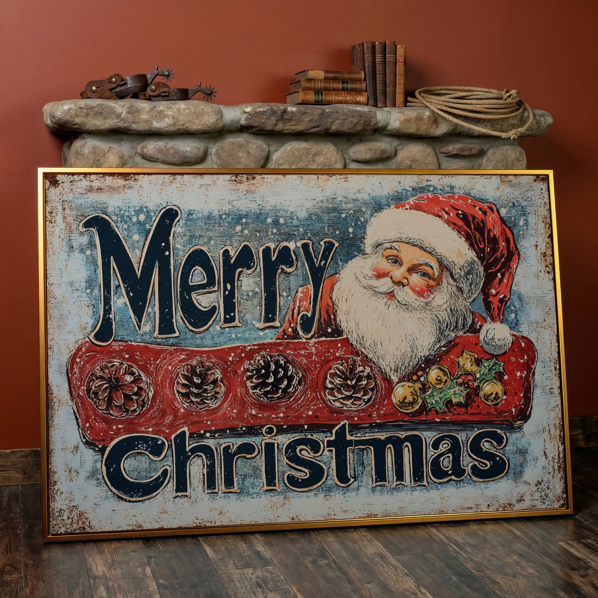 Santa Claus Rustic Christmas Canvas in antique gold floating frame