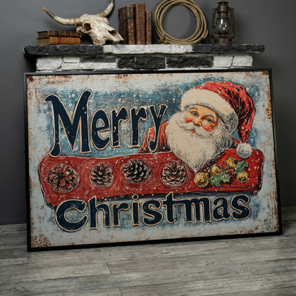 Santa Claus Rustic Christmas Canvas in black floating frame