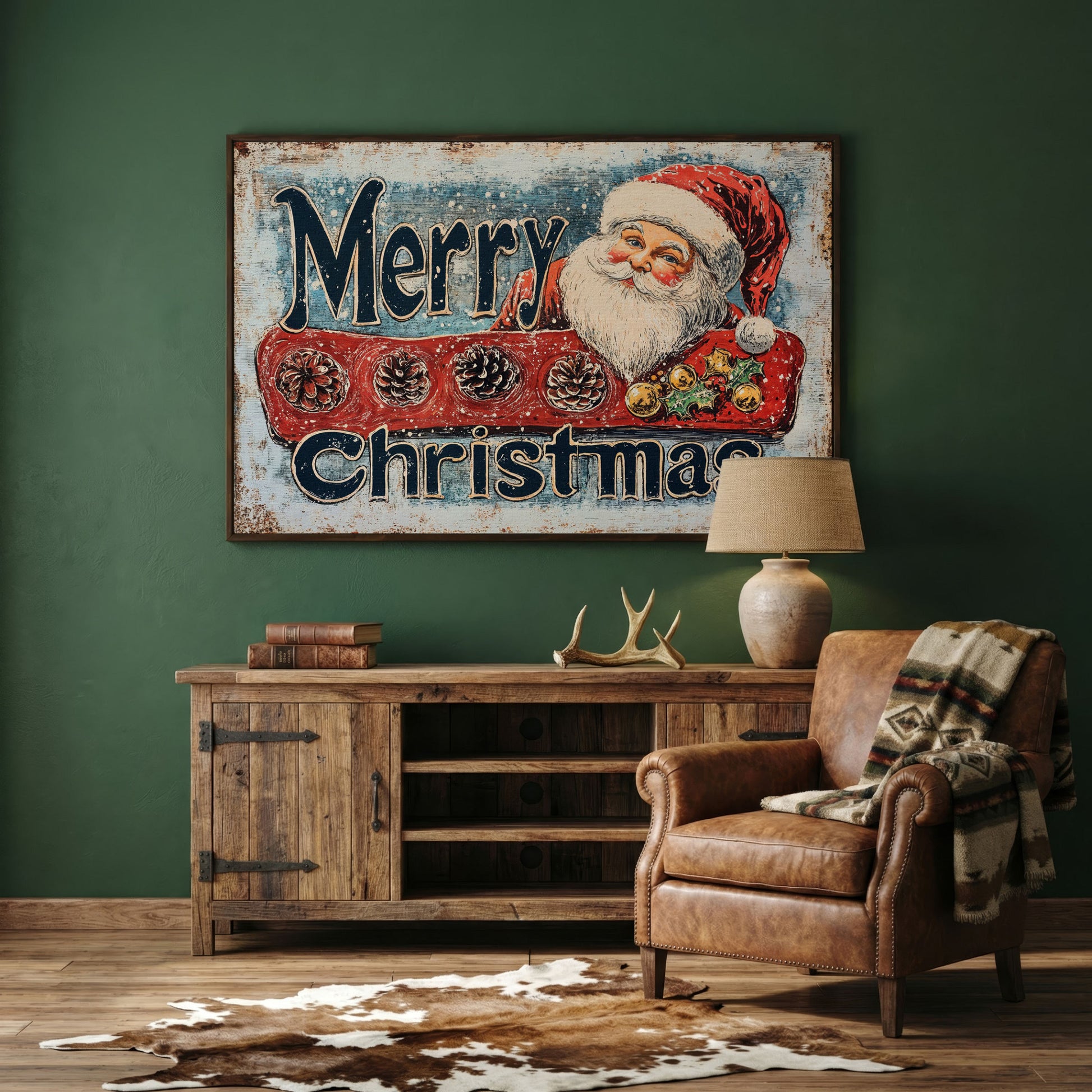 Santa Claus Rustic Christmas Canvas in dark walnut floating frame