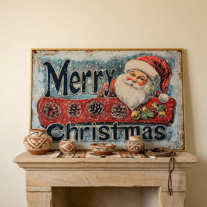 Santa Claus Rustic Christmas Canvas in white oak floating frame