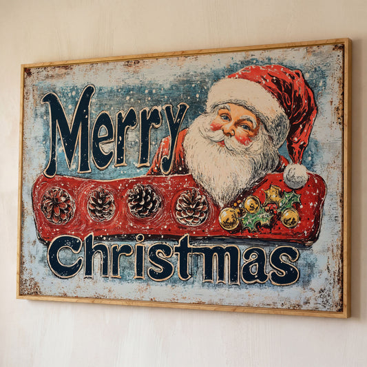 Santa Claus Rustic Christmas Canvas shown in white oak floating frame