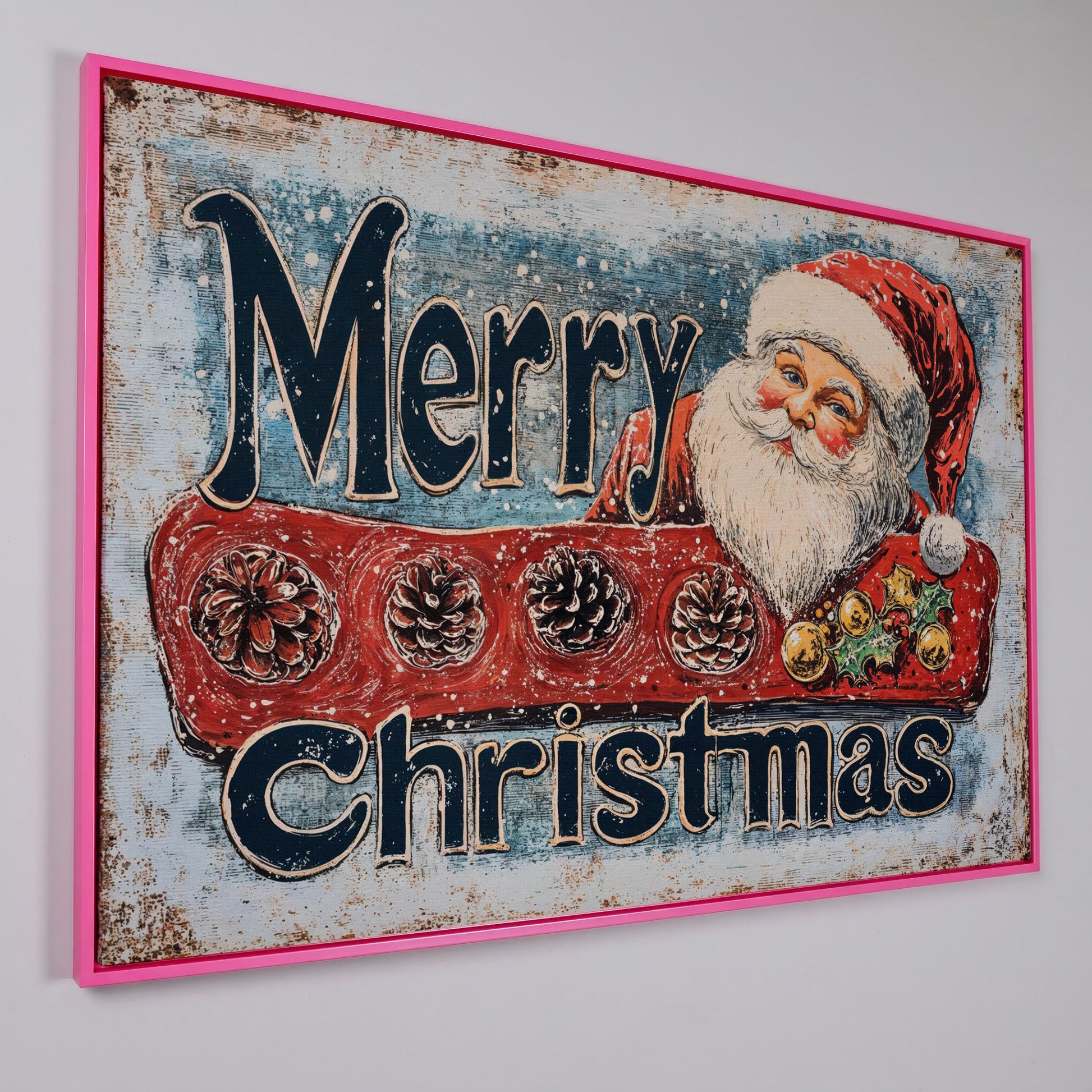 Santa Claus Rustic Christmas Canvas in pink floating frame