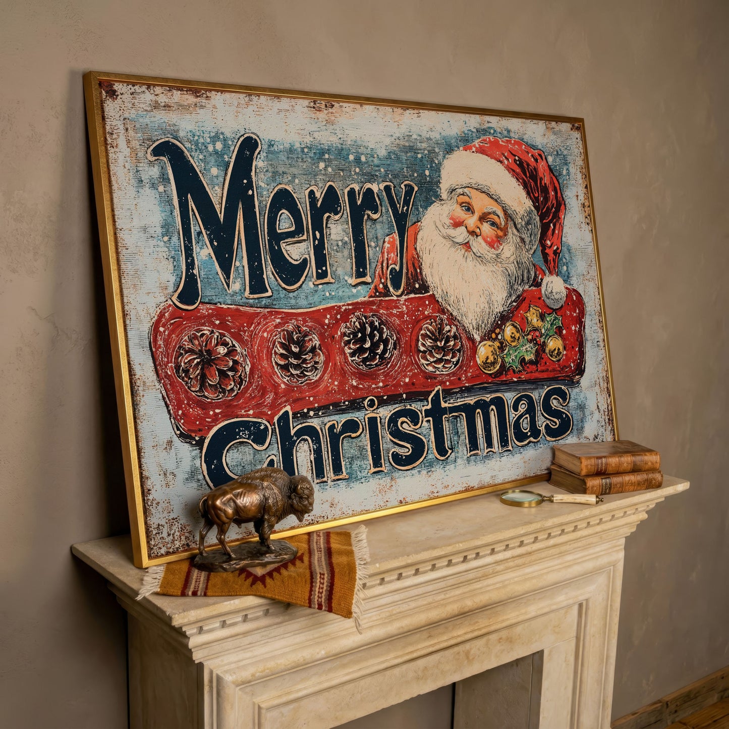 Santa Claus Rustic Christmas Canvas in rose gold floating frame