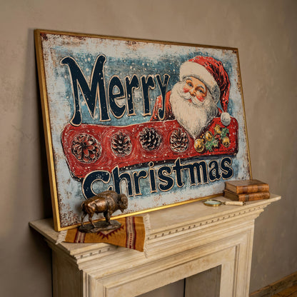 Santa Claus Rustic Christmas Canvas in rose gold floating frame