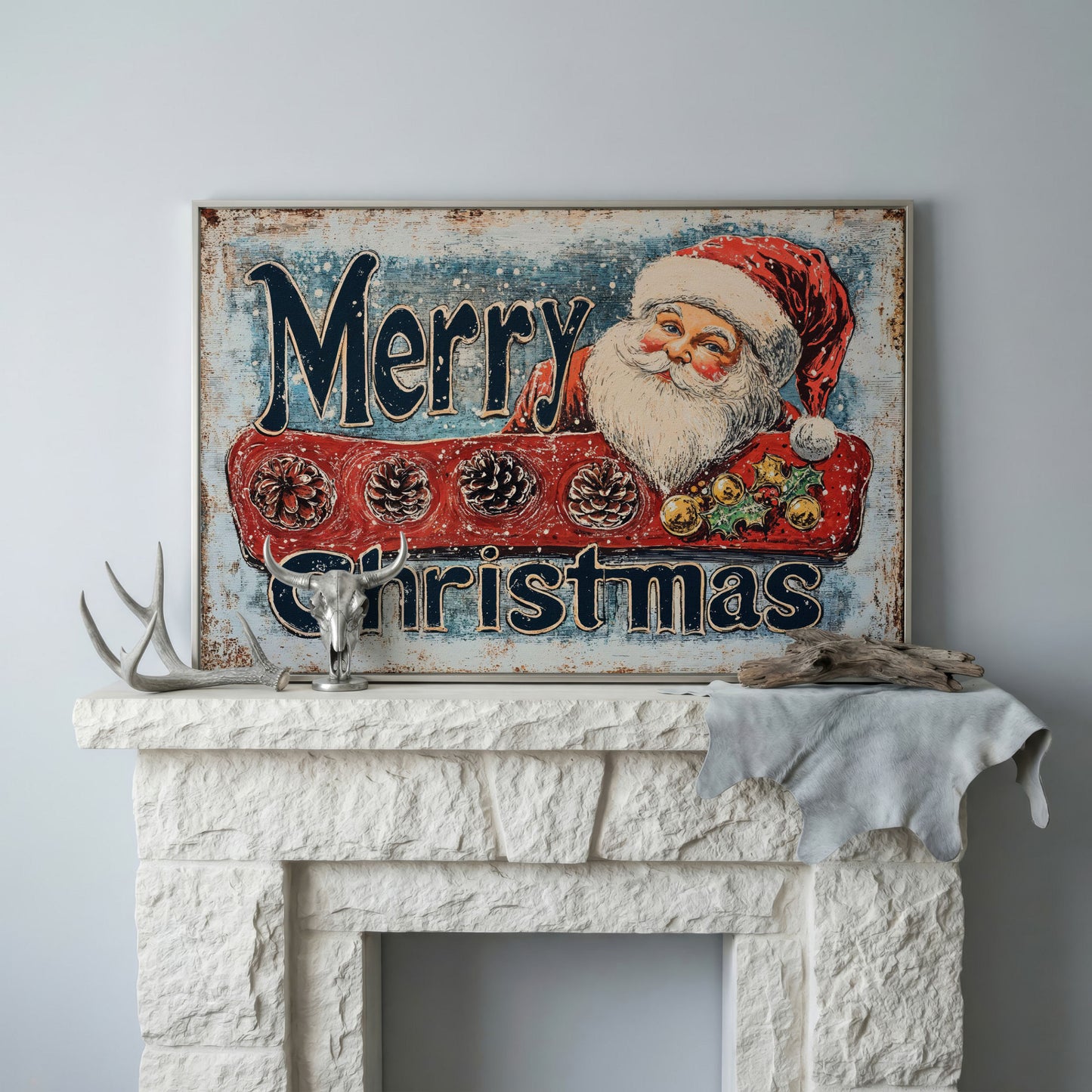 Santa Claus Rustic Christmas Canvas in silver floating frame