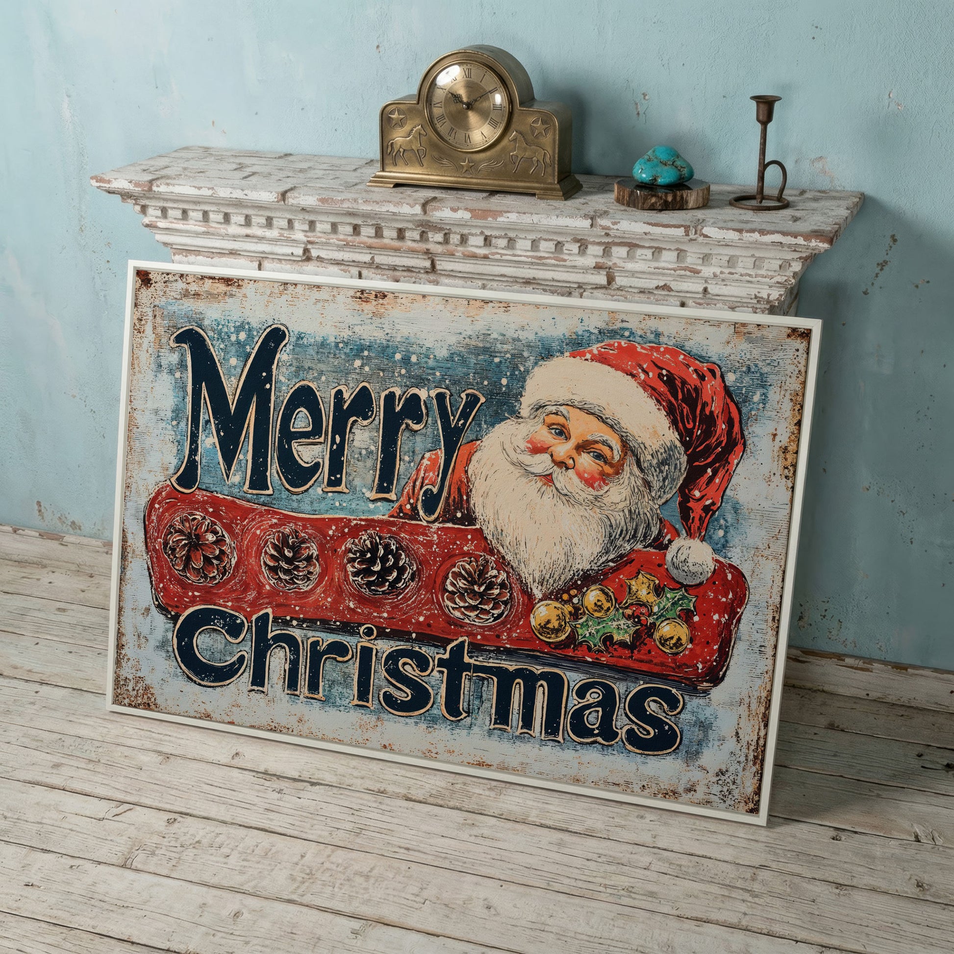 Santa Claus Rustic Christmas Canvas in white floating frame
