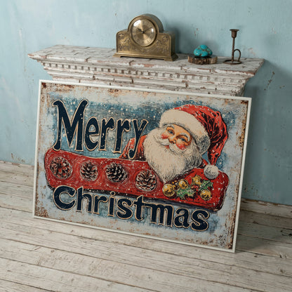 Santa Claus Rustic Christmas Canvas in white floating frame