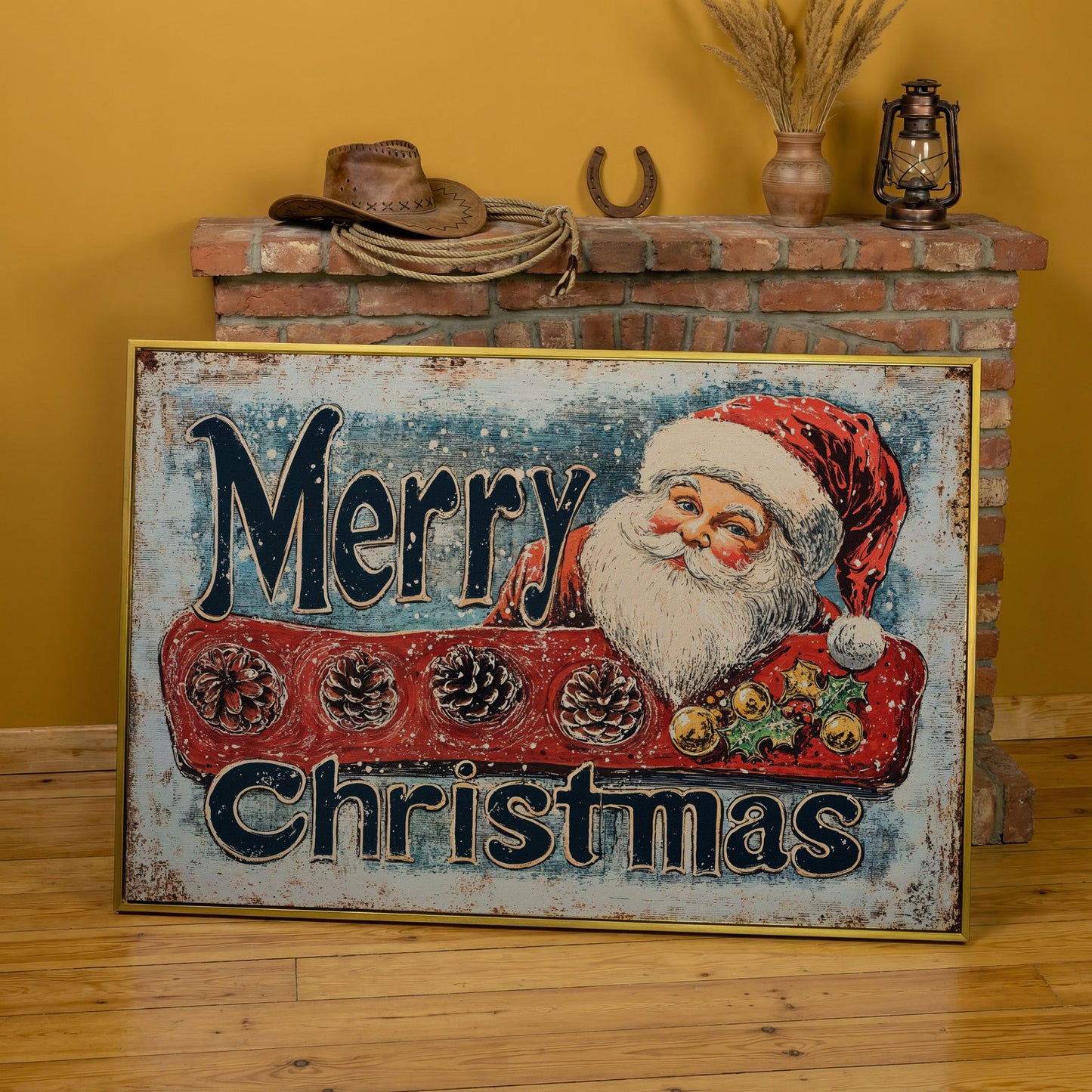 Santa Claus Rustic Christmas Canvas in yellow gold floating frame