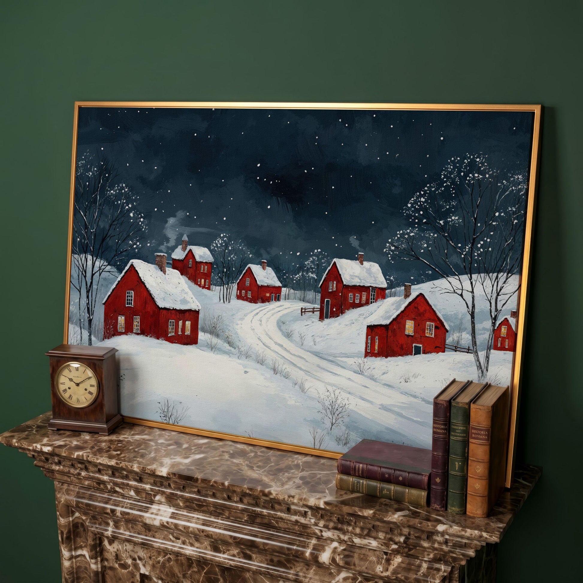 Winter Village with Red Houses Canvas Print in antique gold floating frame