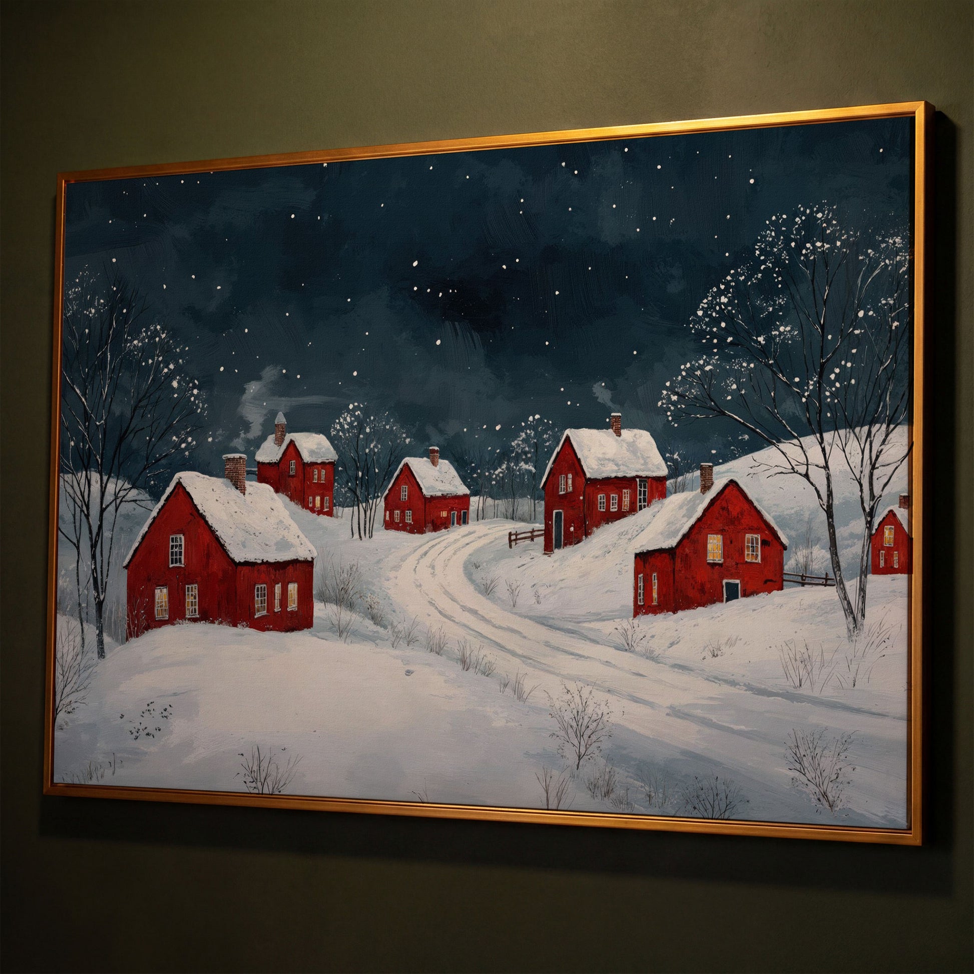 Winter Village with Red Houses Canvas Print shown in antique gold floating frame