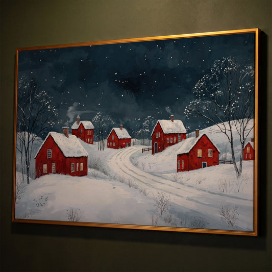 Winter Village with Red Houses Canvas Print shown in antique gold floating frame