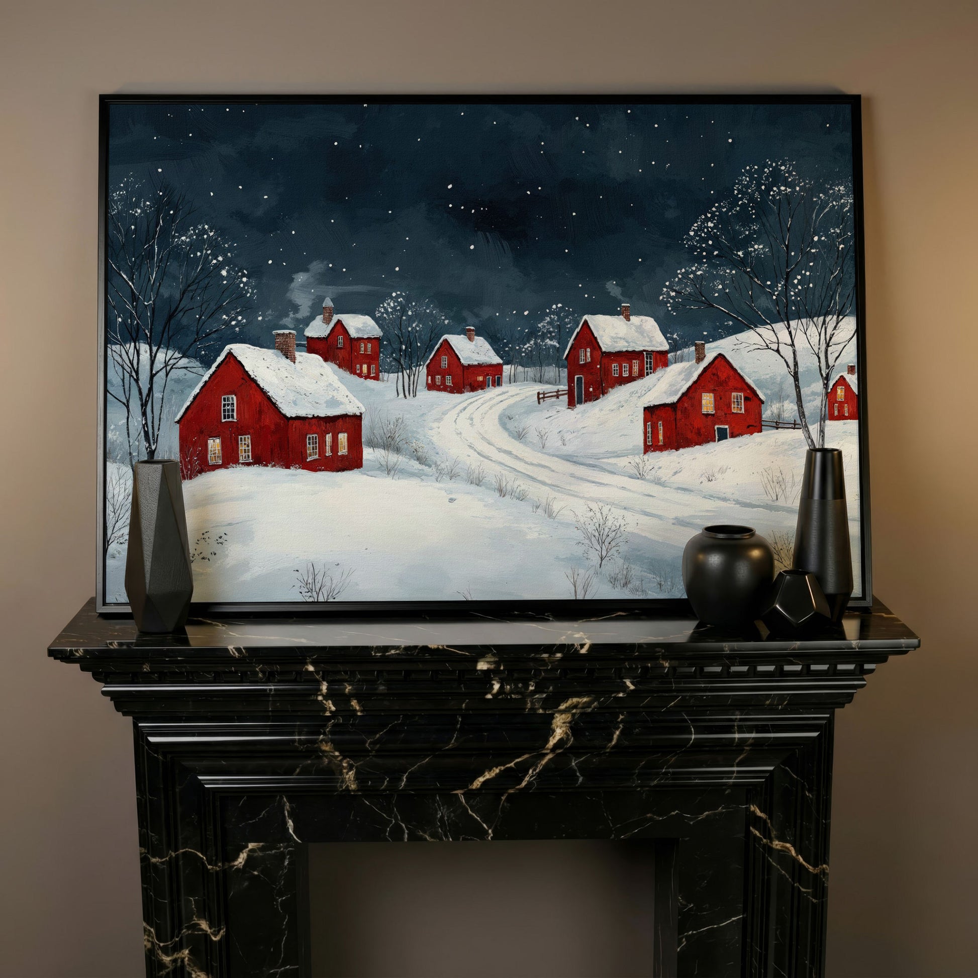 Winter Village with Red Houses Canvas Print in black floating frame