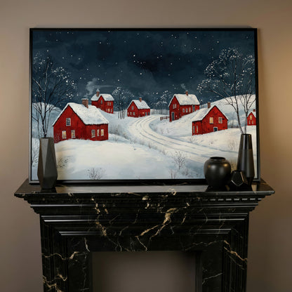Winter Village with Red Houses Canvas Print in black floating frame
