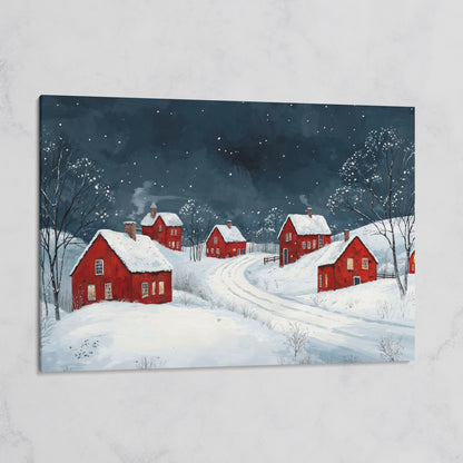 Winter Village with Red Houses Canvas Print on gallery wrap