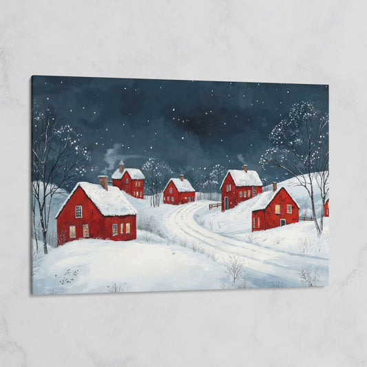 Winter Village with Red Houses Canvas Print on gallery wrap
