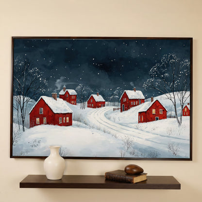 Winter Village with Red Houses Canvas Print in dark walnut floating frame