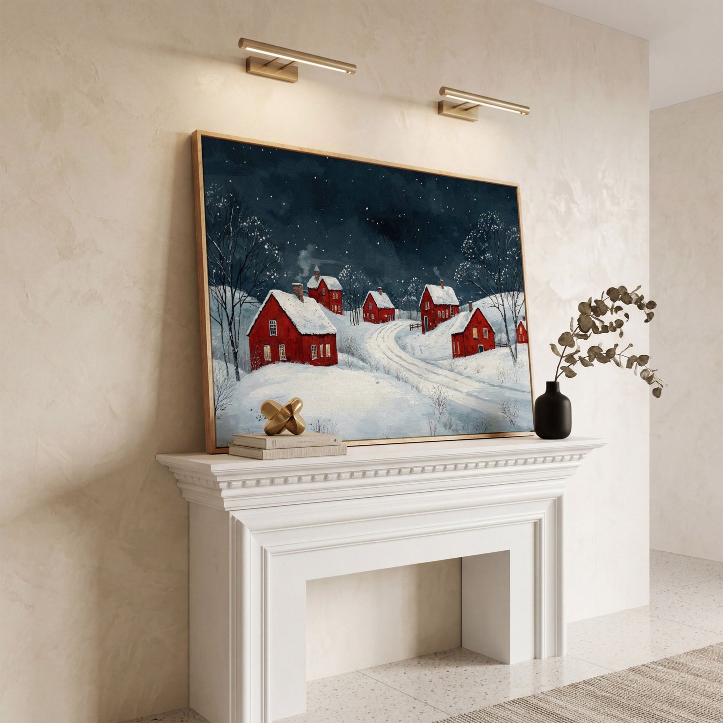 Winter Village with Red Houses Canvas Print in white oak floating frame