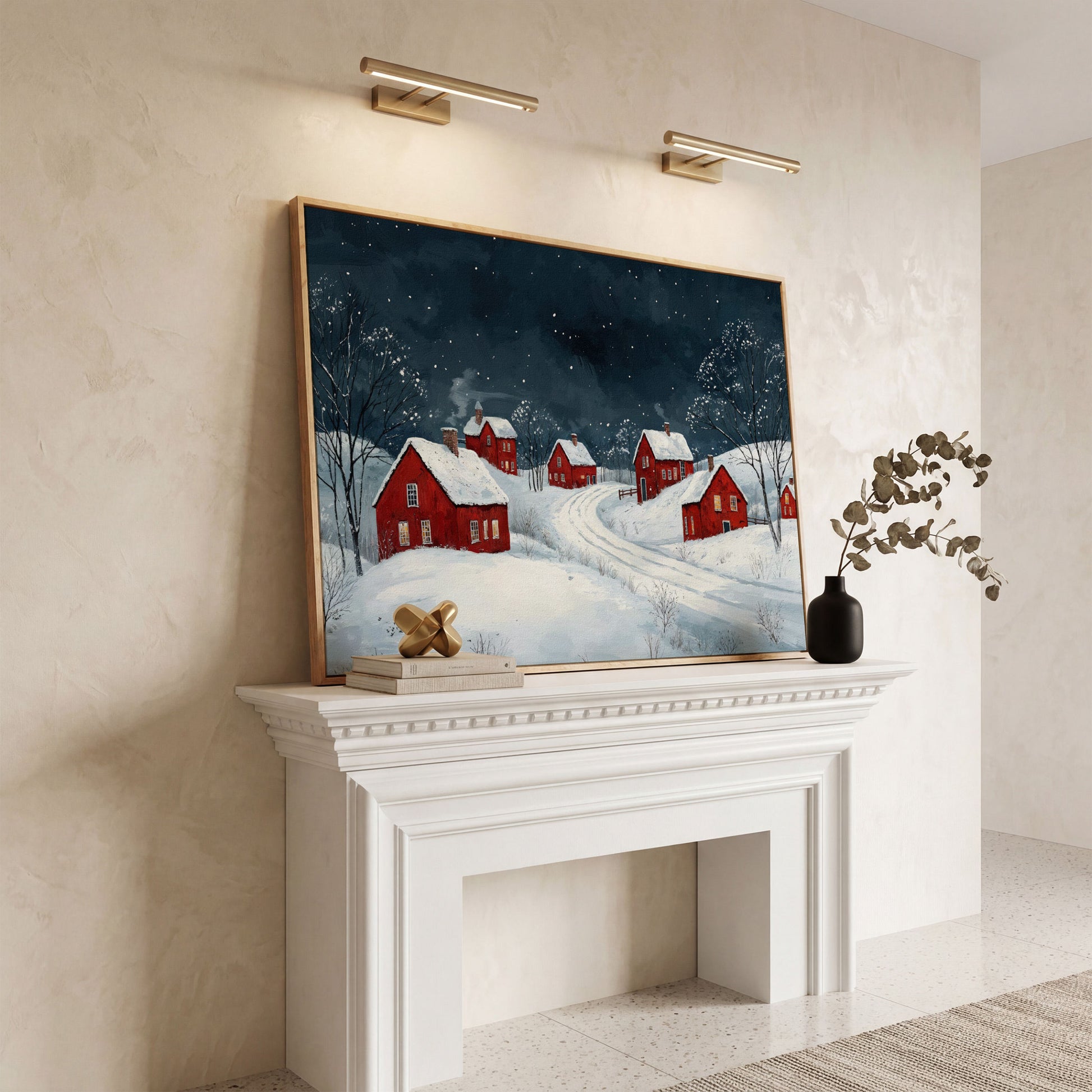 Winter Village with Red Houses Canvas Print in white oak floating frame