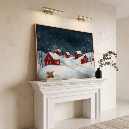 Winter Village with Red Houses Canvas Print in white oak floating frame