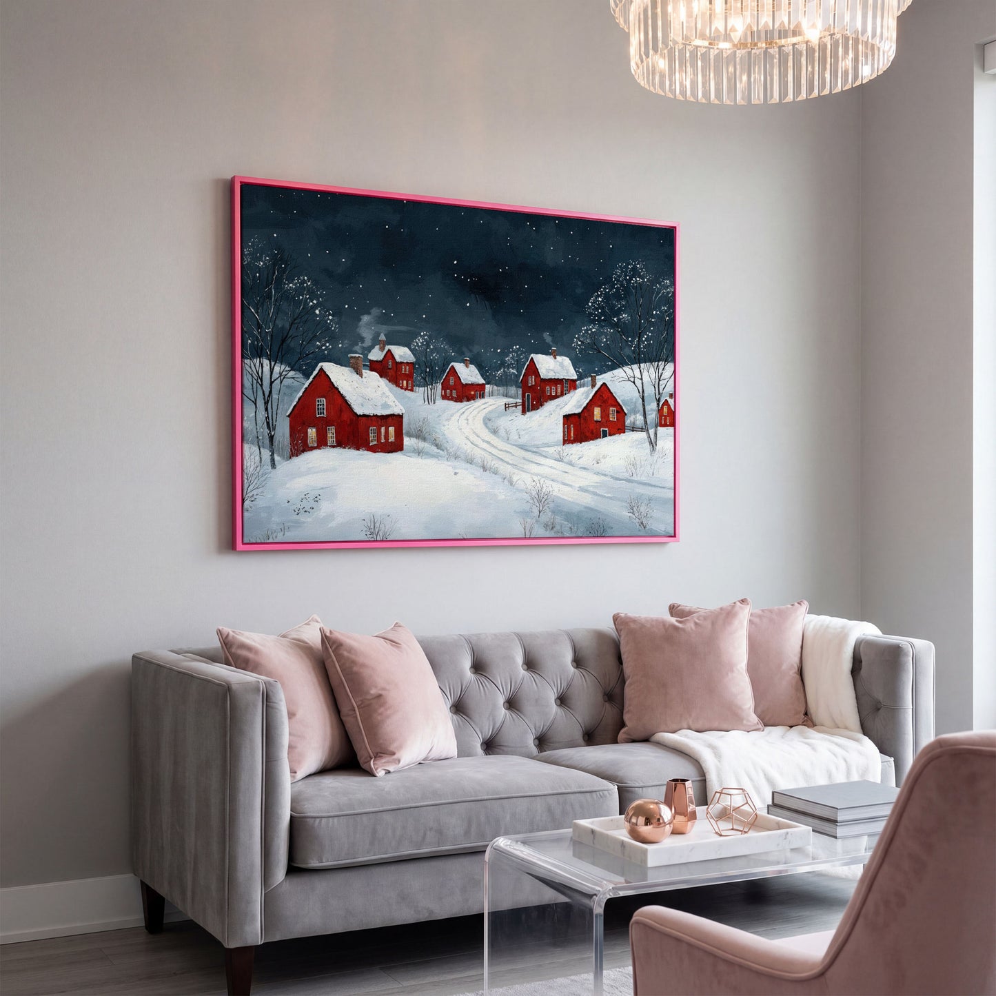 Winter Village with Red Houses Canvas Print in pink floating frame