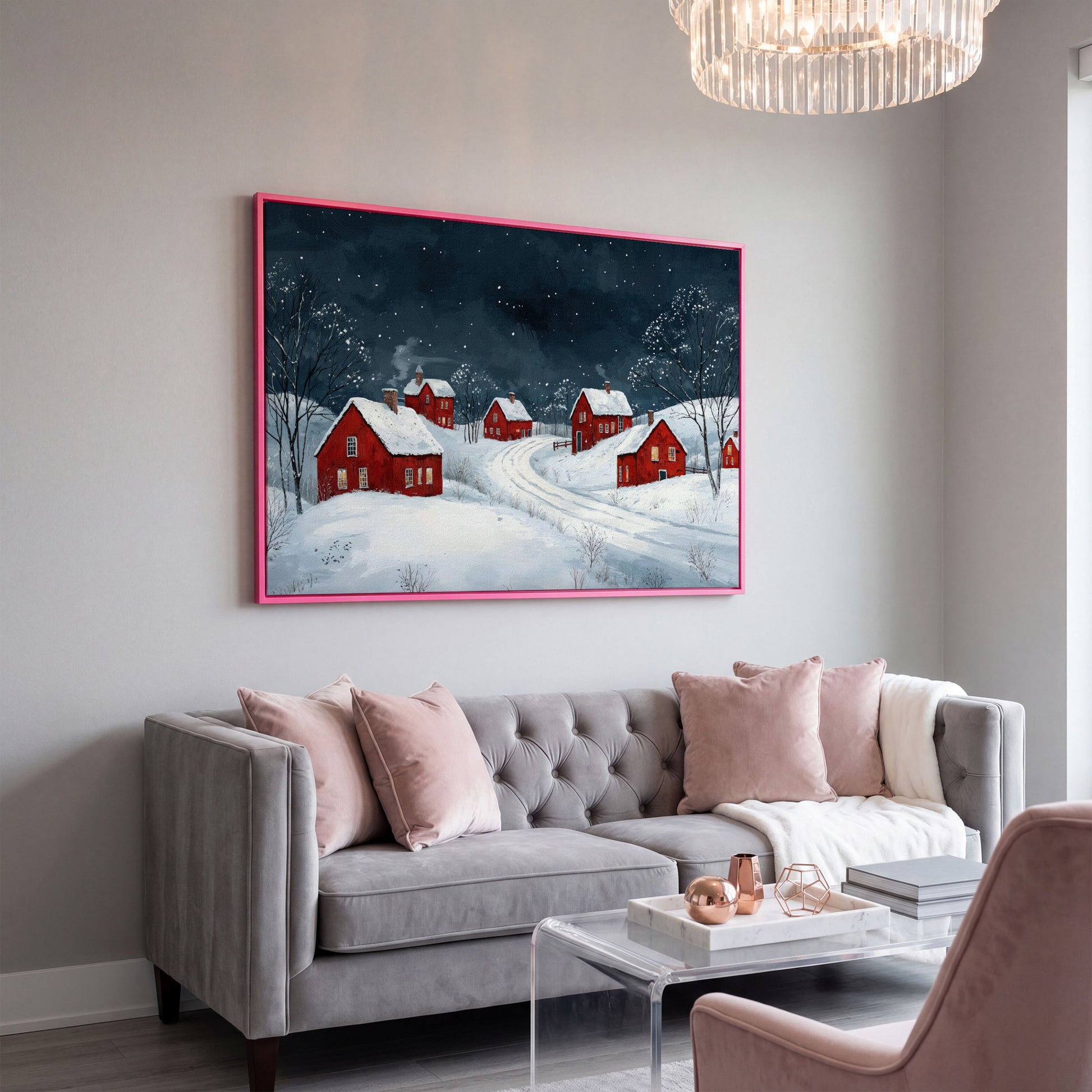Winter Village with Red Houses Canvas Print in pink floating frame