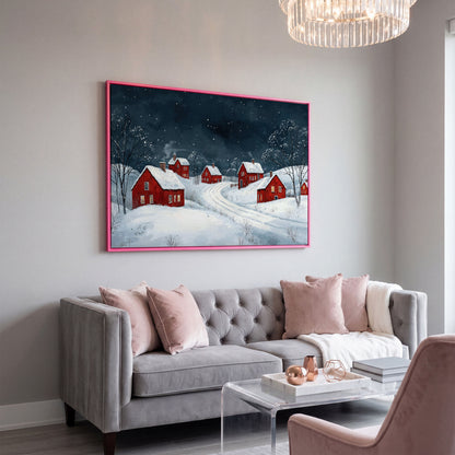 Winter Village with Red Houses Canvas Print in pink floating frame