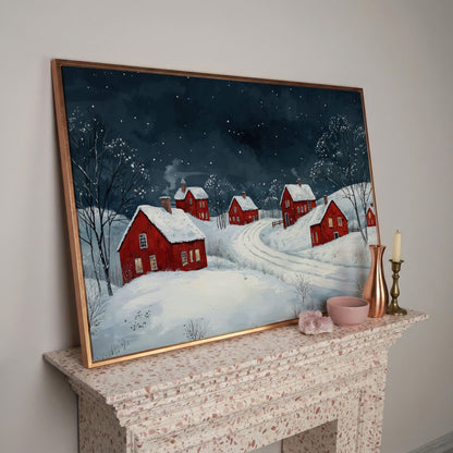 Winter Village with Red Houses Canvas Print in rose gold floating frame