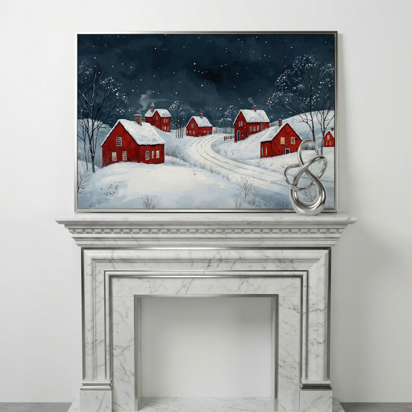 Winter Village with Red Houses Canvas Print in silver floating frame