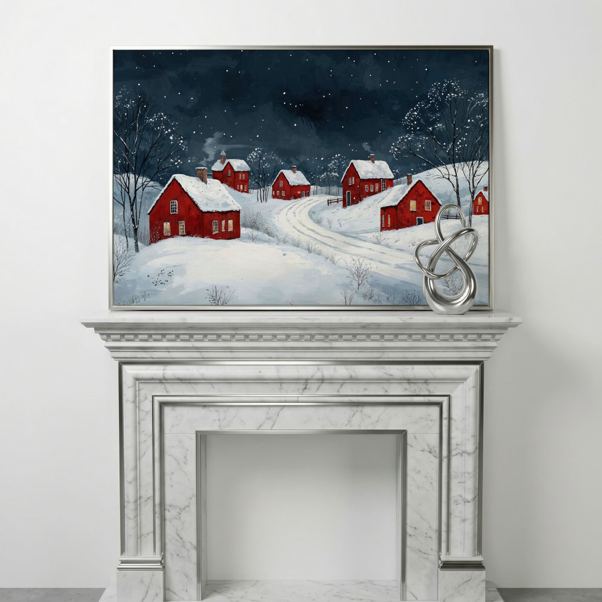 Winter Village with Red Houses Canvas Print in silver floating frame