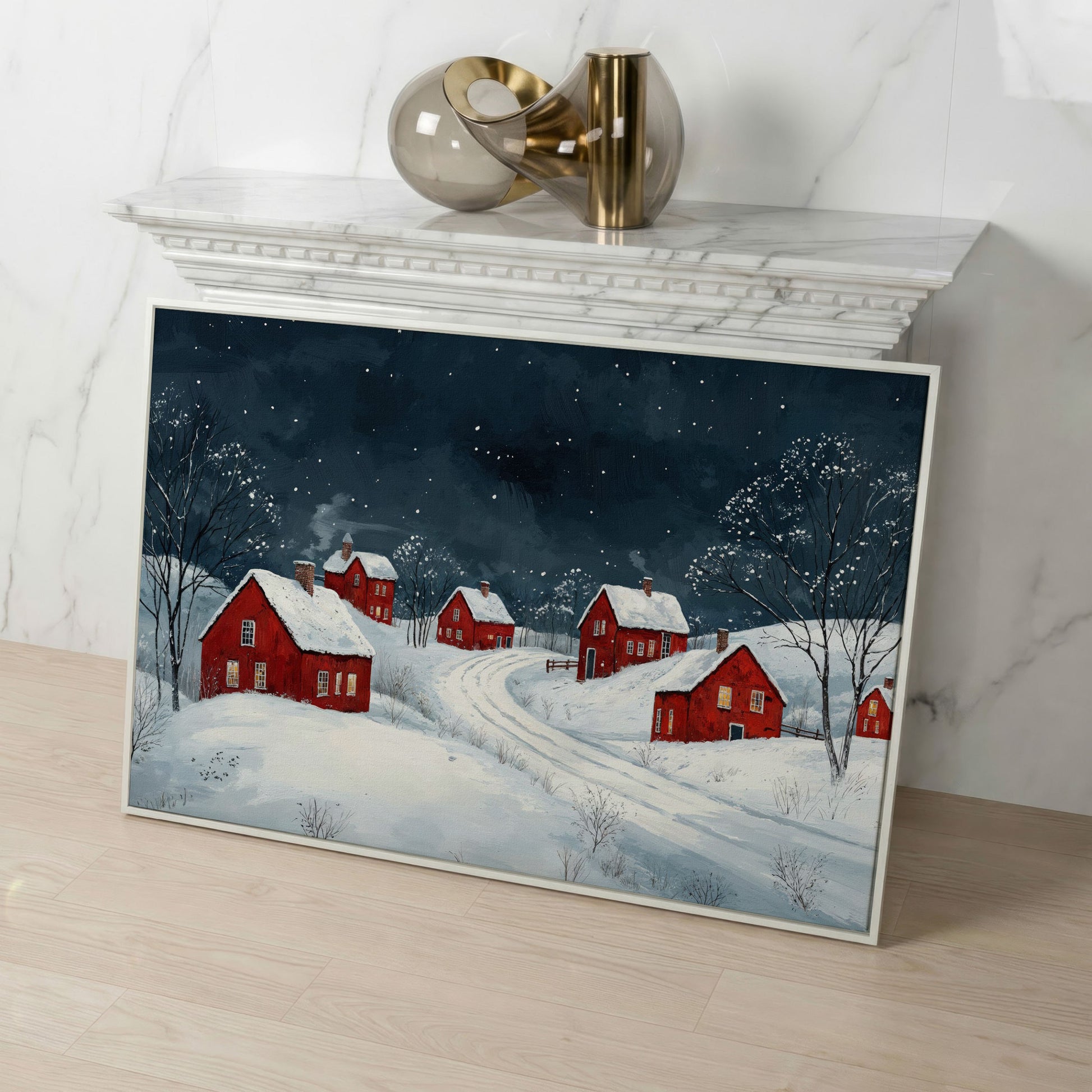 Winter Village with Red Houses Canvas Print in white floating frame