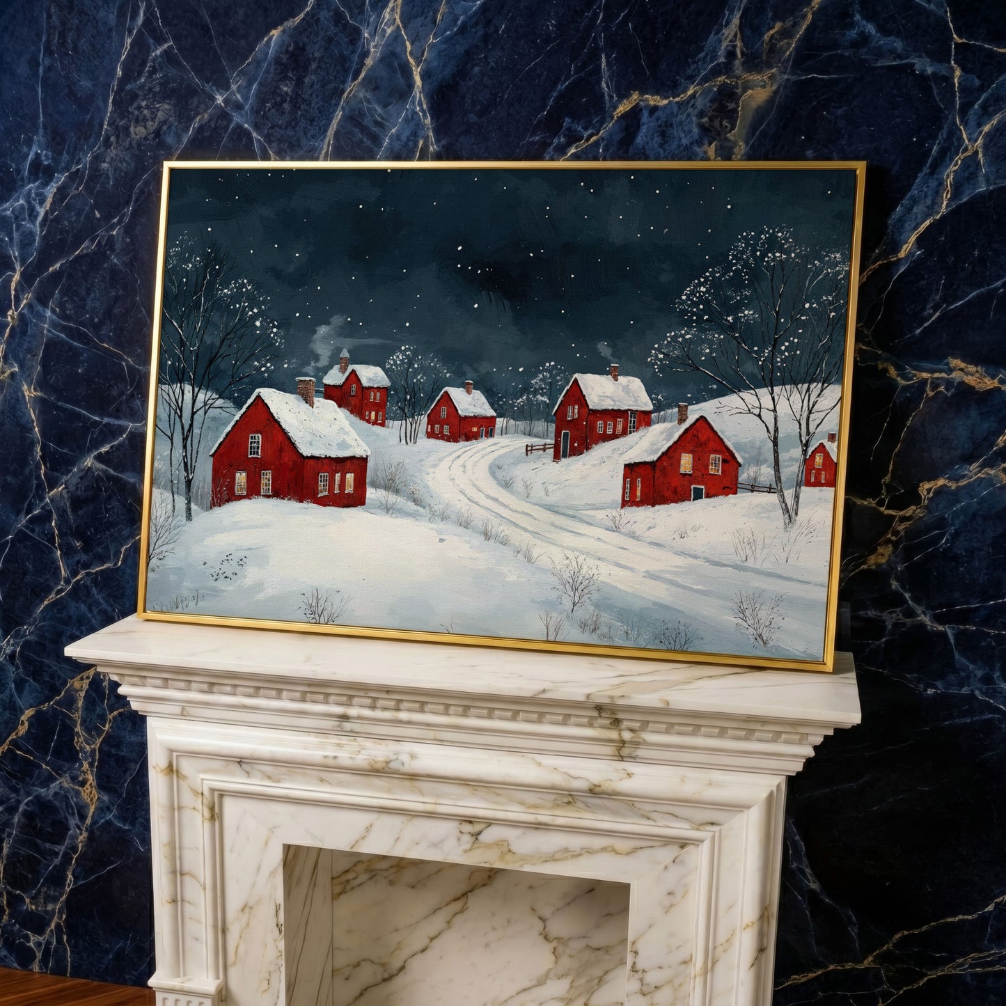 Winter Village with Red Houses Canvas Print in yellow gold floating frame