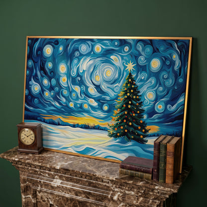 Christmas Tree Under Starry Sky Canvas Print in antique gold floating frame